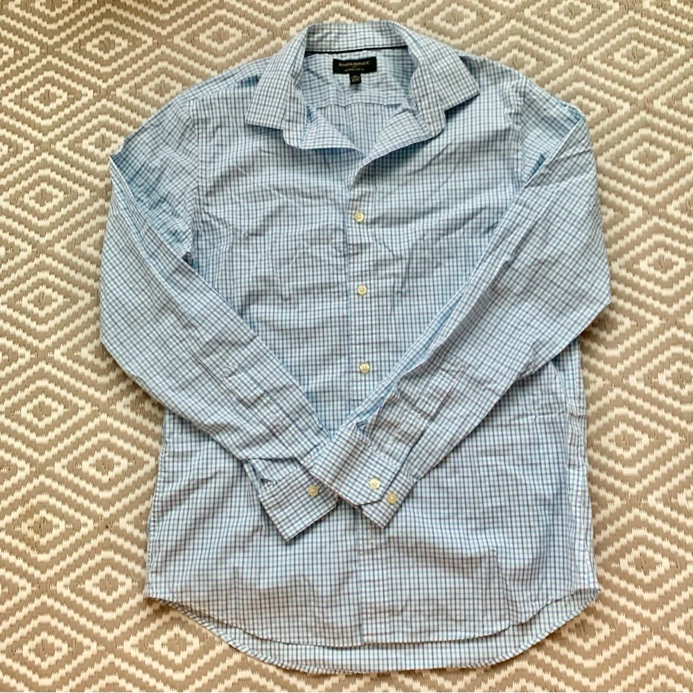 Banana Republic Light Blue Plaid Gingham Long Sleeve Button Down Shirt Slim M